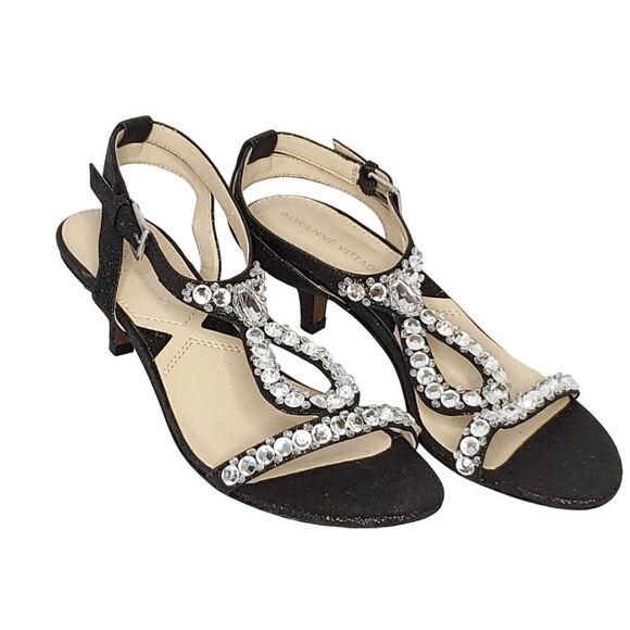 Adrienne Vittadini Slingback Sandal 6 Black Glitter Jeweled Embellished Open Toe - Picture 1 of 7